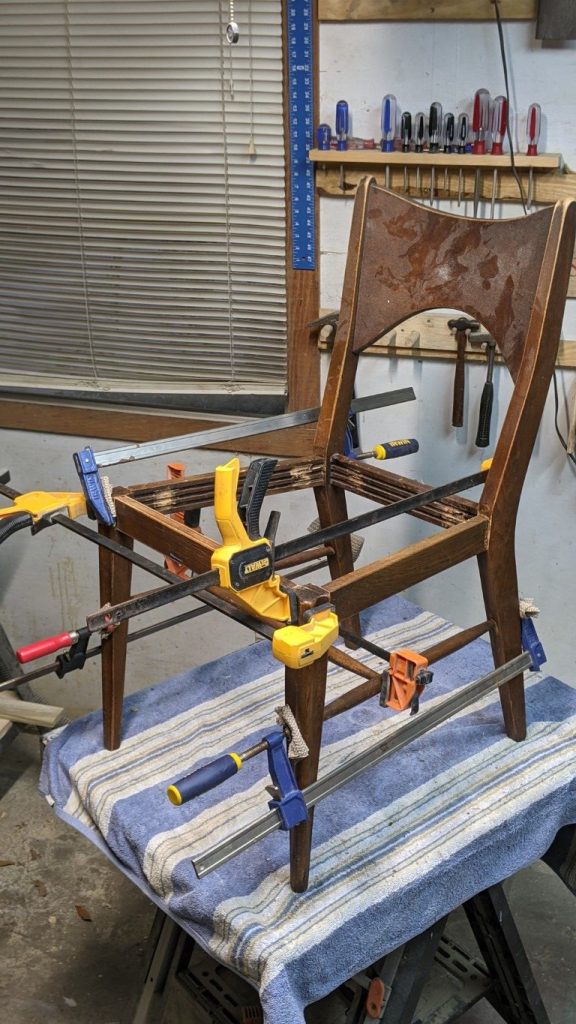 CHAIR-IN-CLAMPS-576x1024 REPAIRING & REUPHOLSTERING A DINING ROOM CHAIR