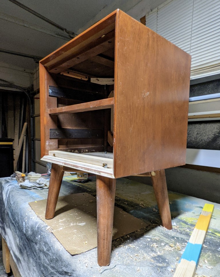 NIGHTSTAND-PREPPING-FOR-PAINT MIDCENTURY MODERN NIGHTSTAND REPAIR