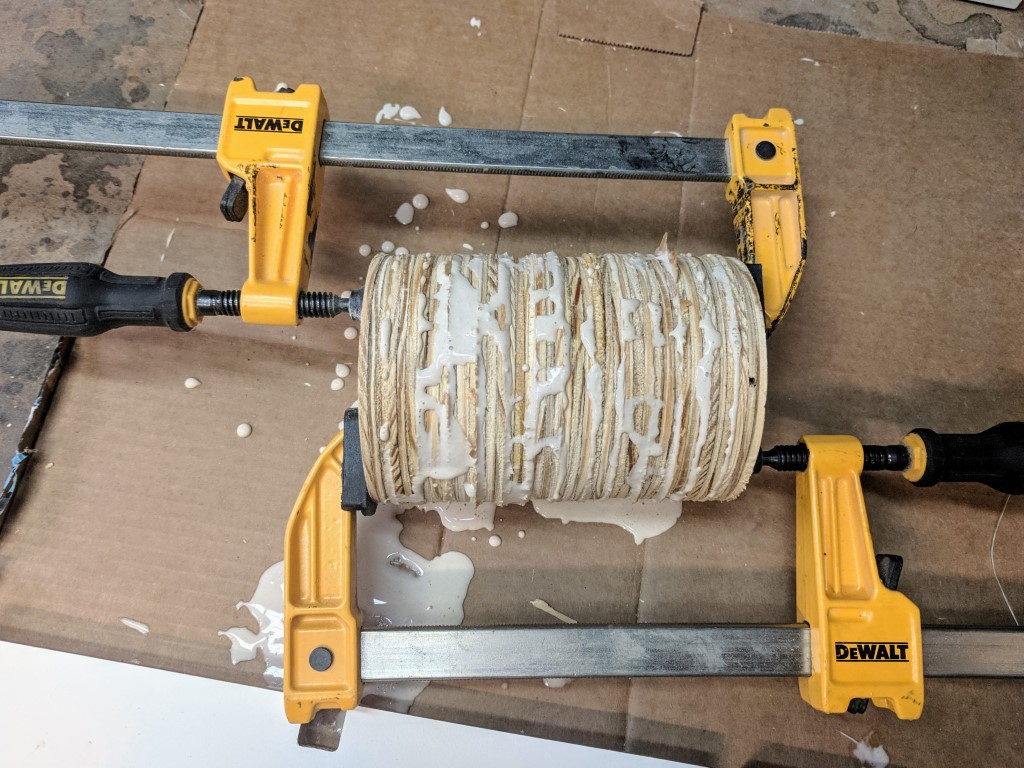 WOOD-DISKS-GLUED-AND-CLAMPED MAKING A SCRAPWOOD SCONCE